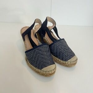 Espadrille Wedge Sandals Raffia Woven Navy Blue Slingback Shoes 39 8.5 8 1/2  B8